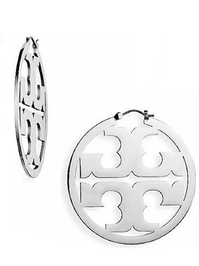 Tory Burch Large Silver Miller Logo Hoop Earrings